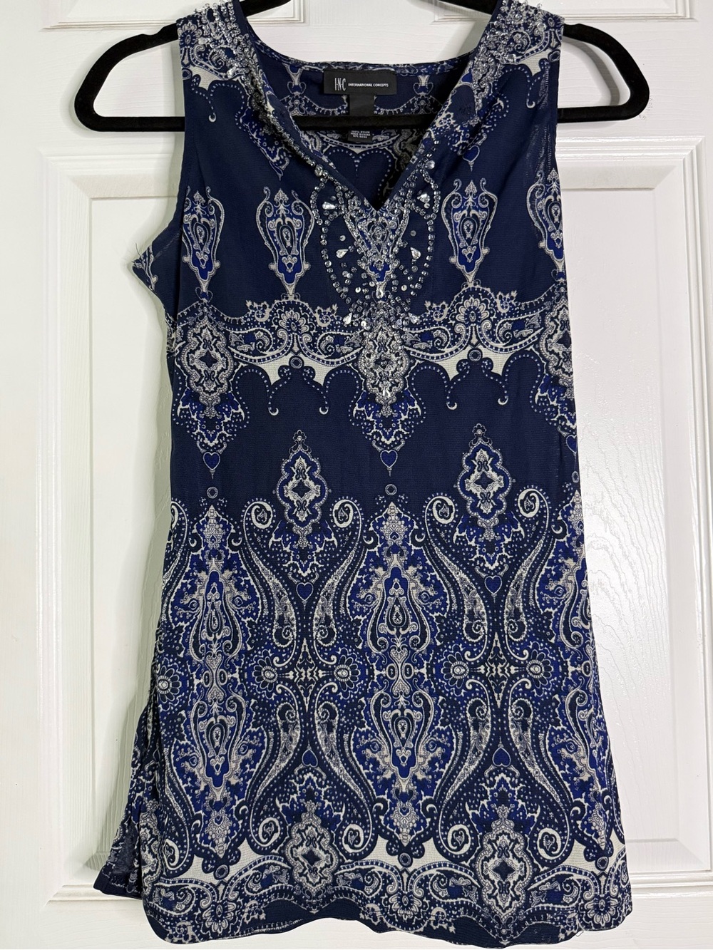 Tank Top Tunic Paisley Women's Medium Blue V-Neck Beaded INC Intl Concepts bling